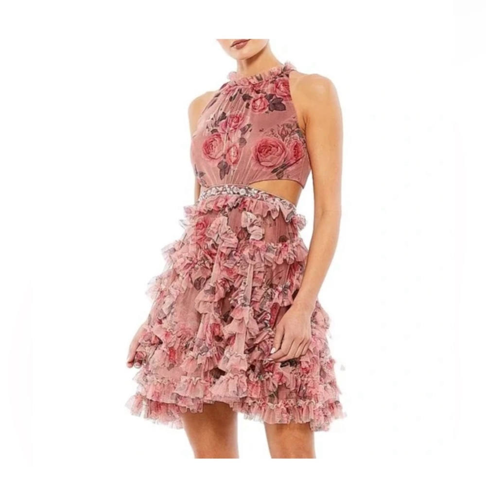 Mac Duggal Ruffled Floral Chiffon Mini Dress